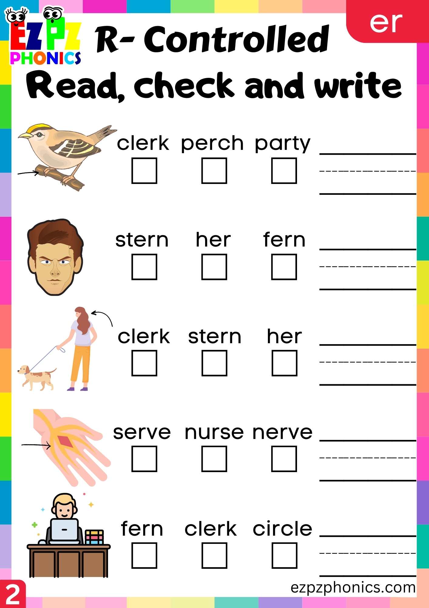 Read check and write activity for er words R controlled vowels phonics group 2